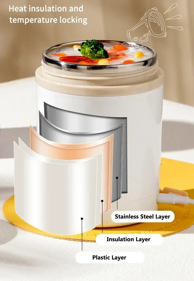 Stainless steel food container with insulation layers and heat insulation features.