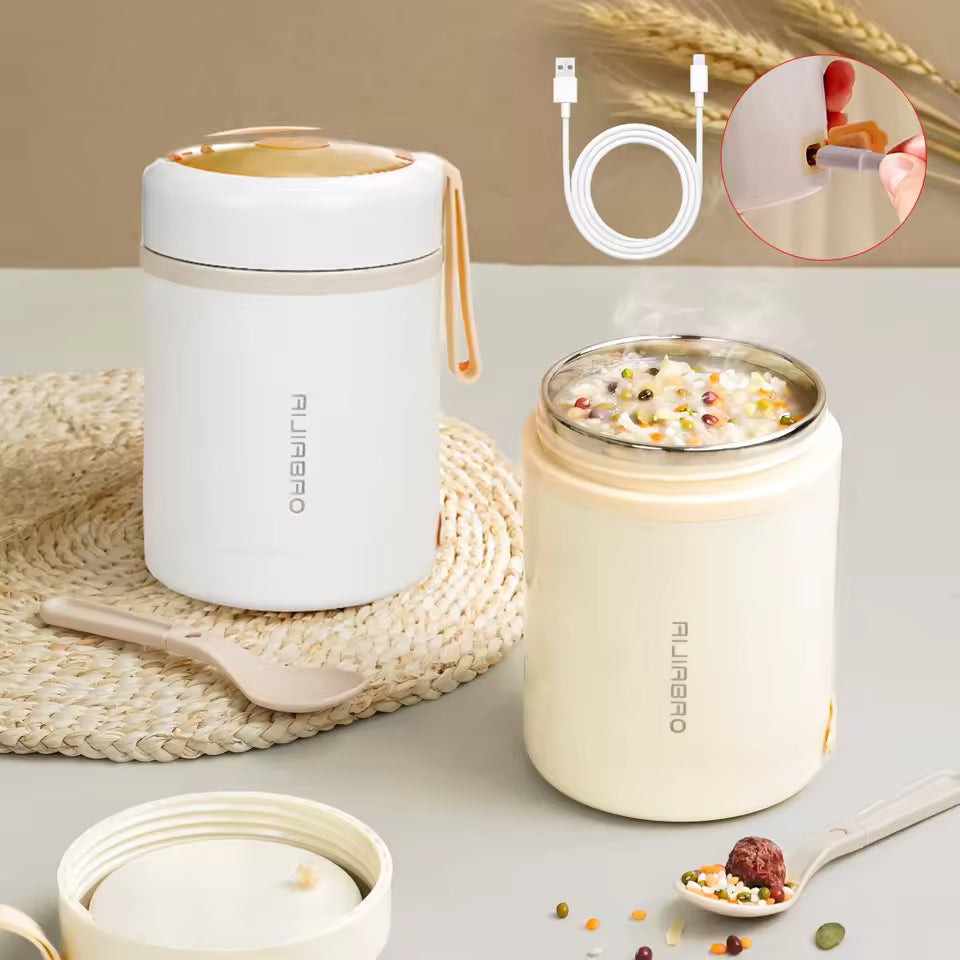 Two white and yellow thermos containers with food, a USB cable, and a close-up of the USB connection on a light gray background.
